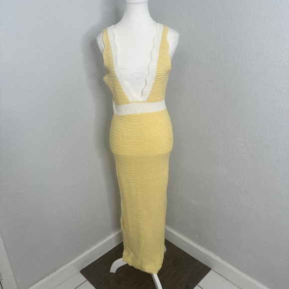 Fortunate One Yellow White Crochet Maxi Dress Lace Up Back Deep V Neck - Picture 4 of 10